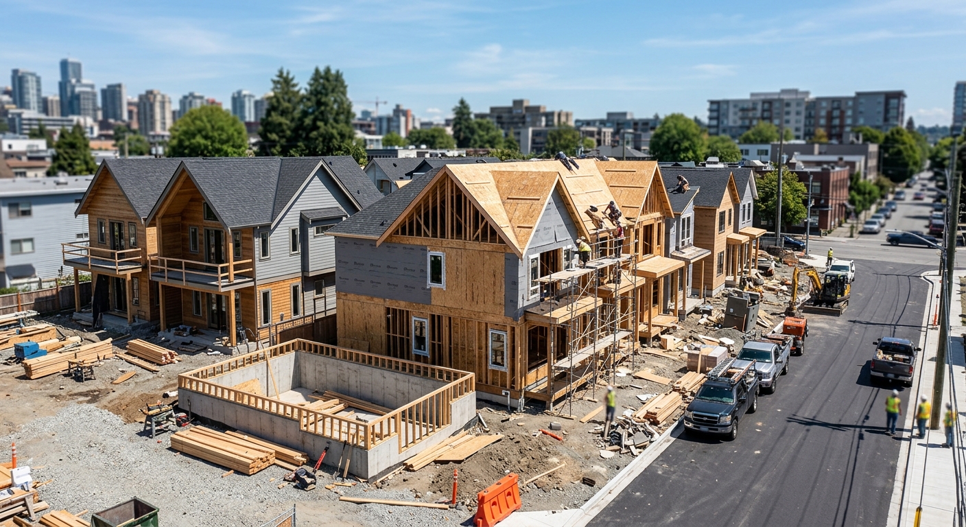 Newly constructed single-family homes under construction in an urban infill neighborhood.