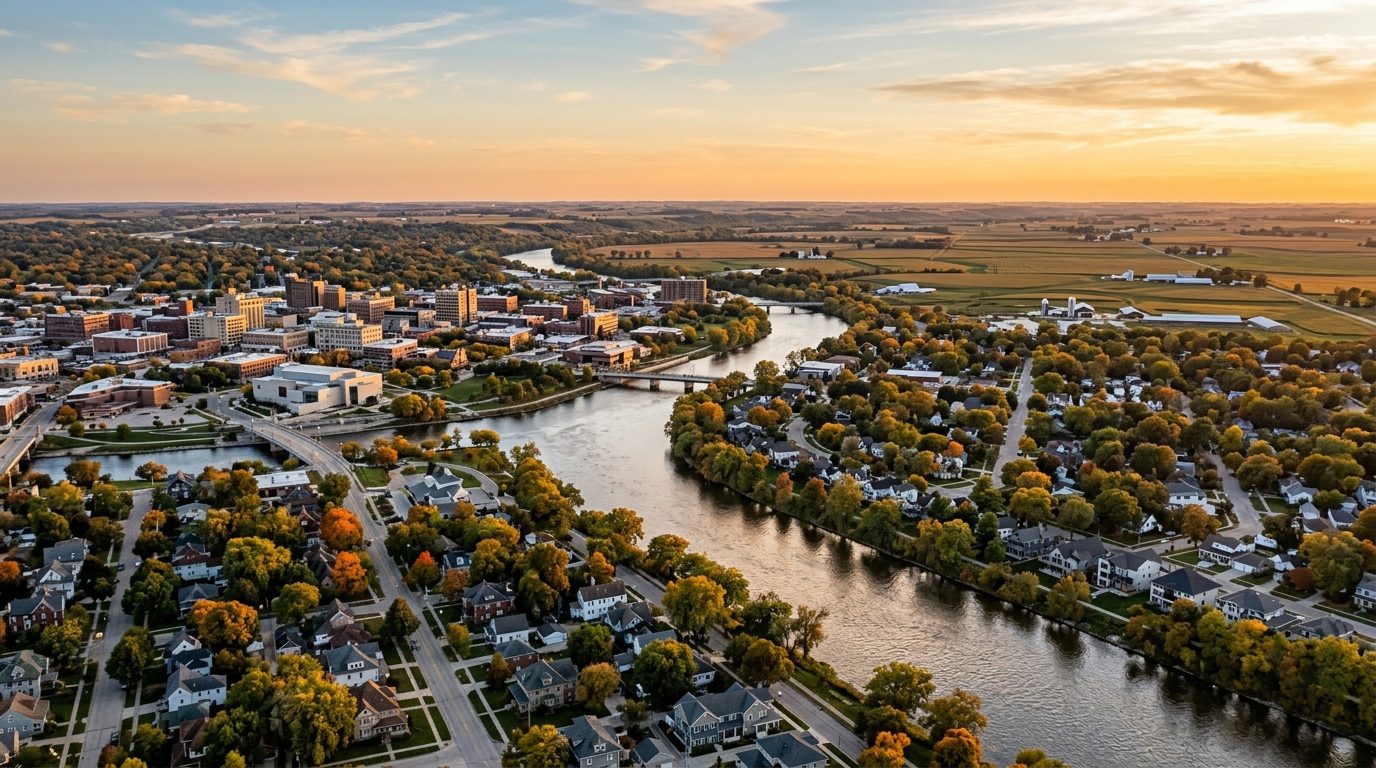 Cedar Rapids, IA — Cedar River winding through downtown Cedar Rapids at flanked by tree-lined residential streets and low