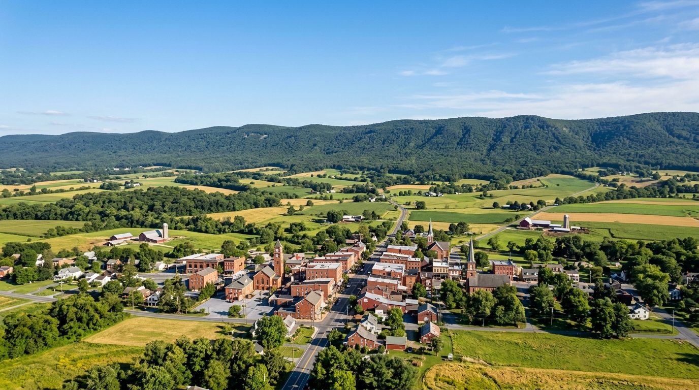 Chambersburg, PA — Cumberland Valley in south-central Pennsylvania, showing rolling farmland, a small-town brick downtown