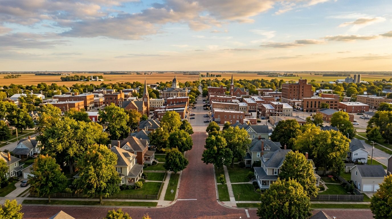 Champaign, IL — Flat central-Illinois college town at with a tree-lined brick-street neighborhood in the foreground, a