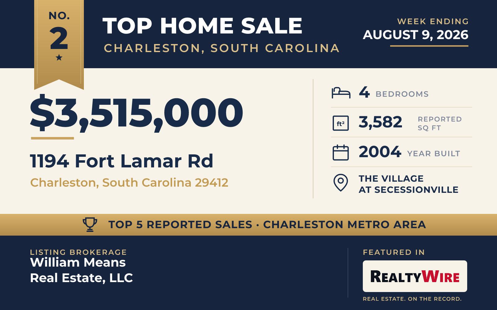 Top home sale No. 2 in the Charleston, South Carolina metro area β 1194 Fort Lamar Rd, Charleston, South Carolina, week ending August 9, 2026