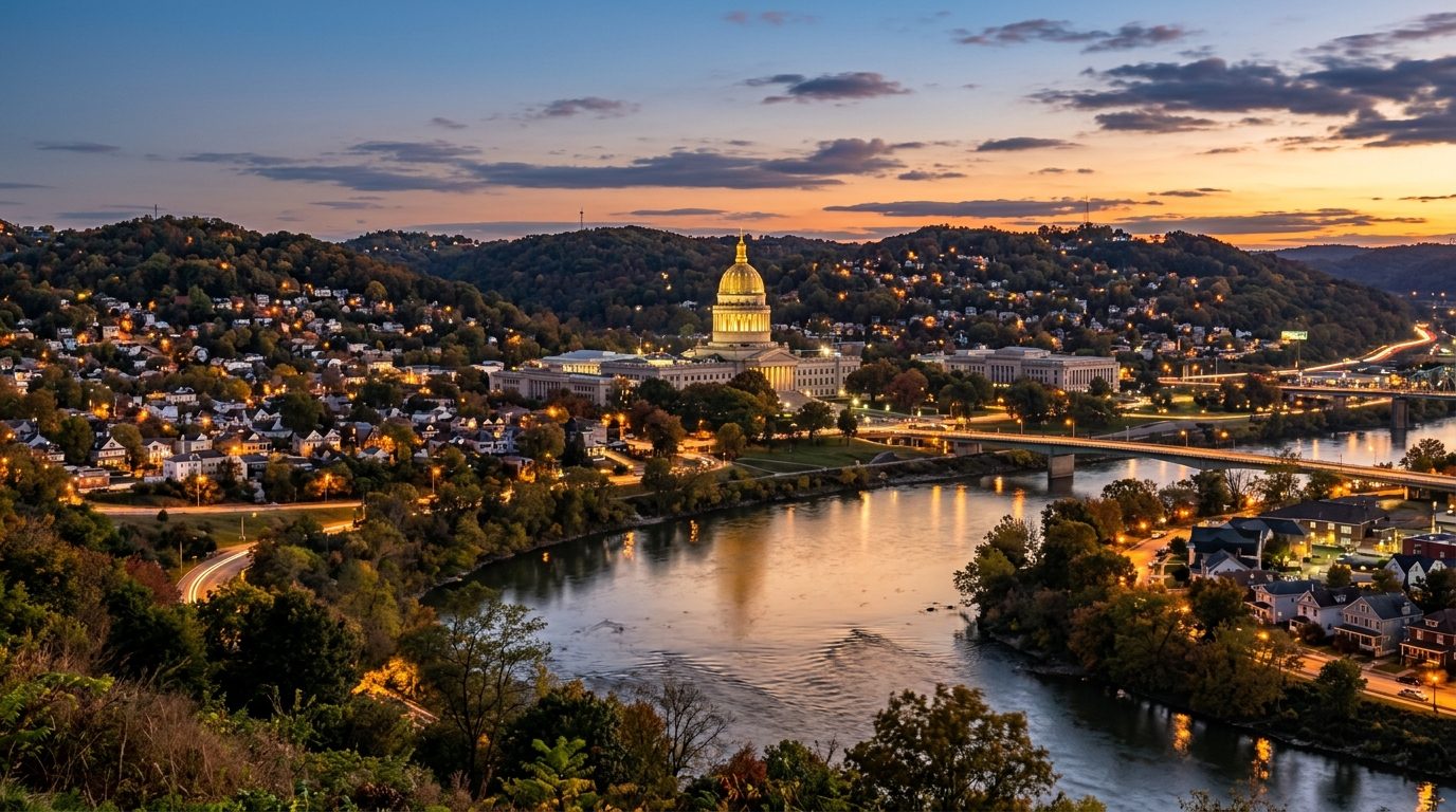 Charleston, WV — Charleston, West Virginia's state capitol dome and hillside neighborhoods above the Kanawha River at dusk,