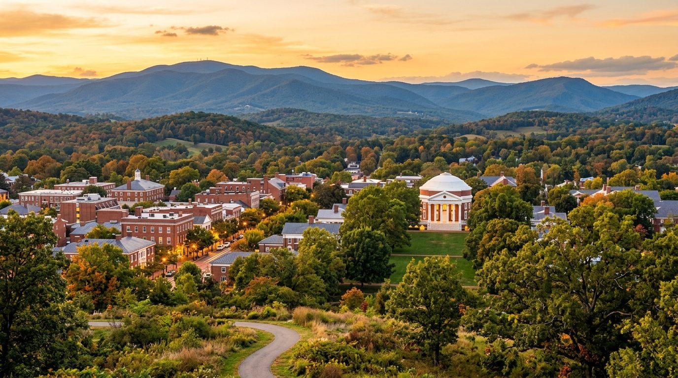 Charlottesville, VA — Charlottesville's rolling Piedmont landscape at with a walkable brick downtown and the University of