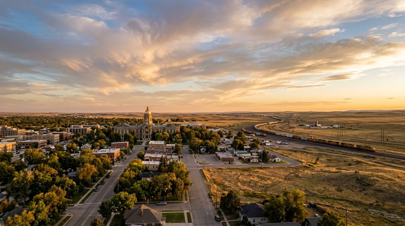Cheyenne, WY — Cheyenne, Wyoming at showing the domed State Capitol and tree-lined historic streets giving way to open