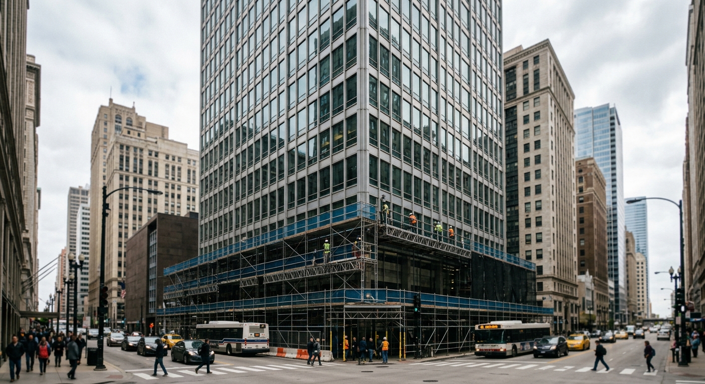 A mid-century office tower on a downtown Chicago avenue undergoing construction.