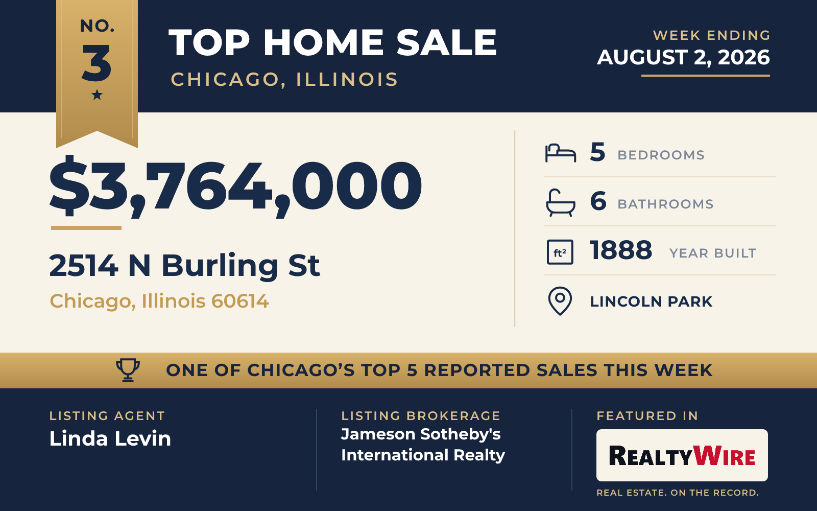 Top home sale No. 3 in the Chicago, Illinois metro area — 2514 N Burling St, Chicago, Illinois, week ending August 2, 2026