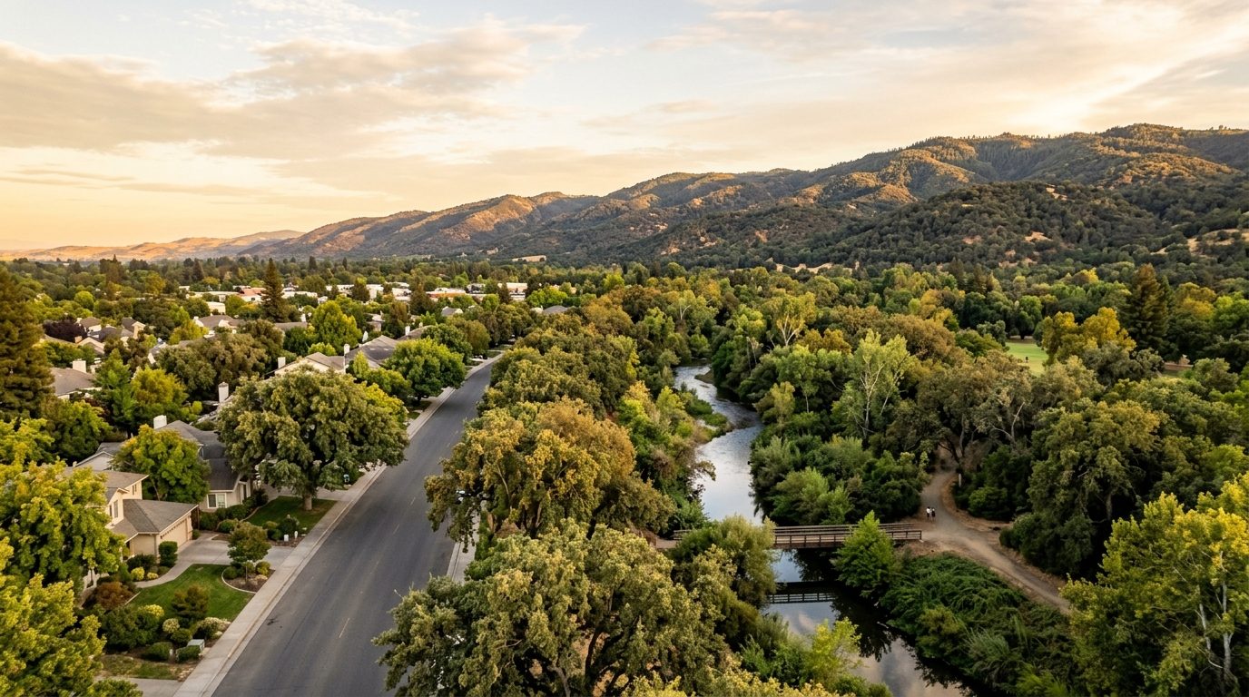 Chico, CA — Chico's Bidwell Park and tree-lined streets in the Sacramento Valley, with oak-covered Sierra Nevada