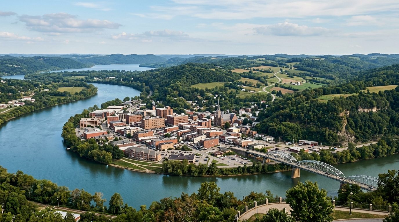 Clarksville, TN — River town at the edge of rolling hill country, with a downtown skyline along a broad river bend, wooded
