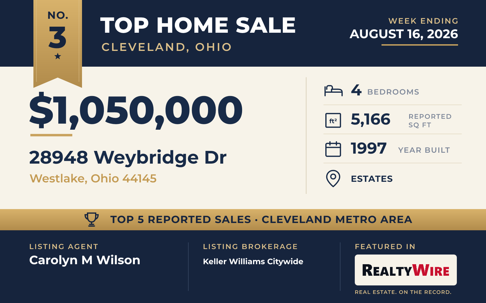 Top home sale No. 3 in the Cleveland, Ohio metro area — 28948 Weybridge Dr, Westlake, Ohio, week ending August 16, 2026