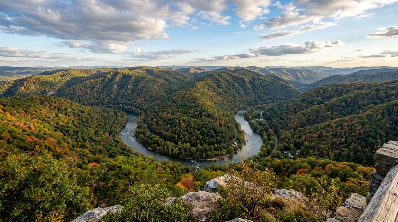 Cleveland, TN — Landscape of forested Appalachian foothills and a winding river gorge under an open sky, with no text or