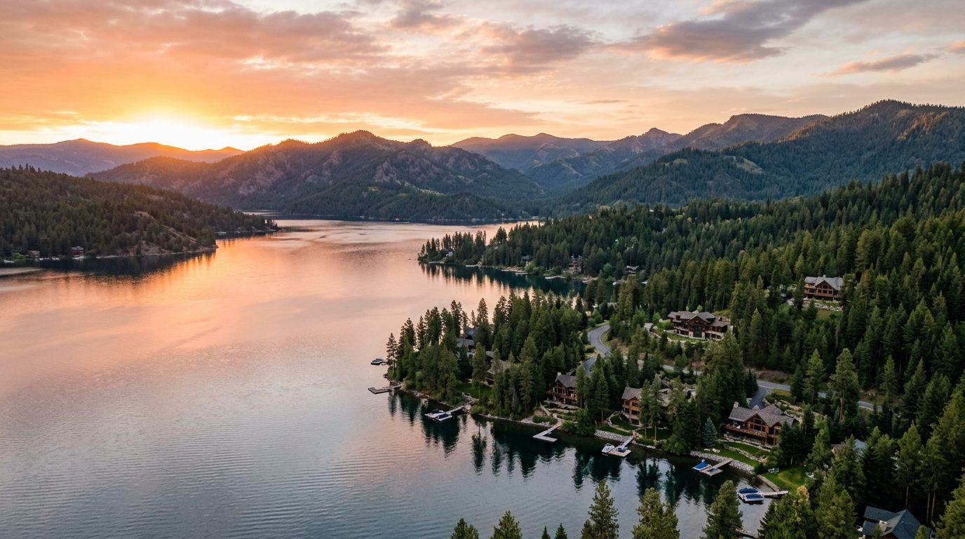 Coeur d'Alene, ID — Lake Coeur d'Alene surrounded by pine-forested mountains in Idaho at sunrise, with no text or people