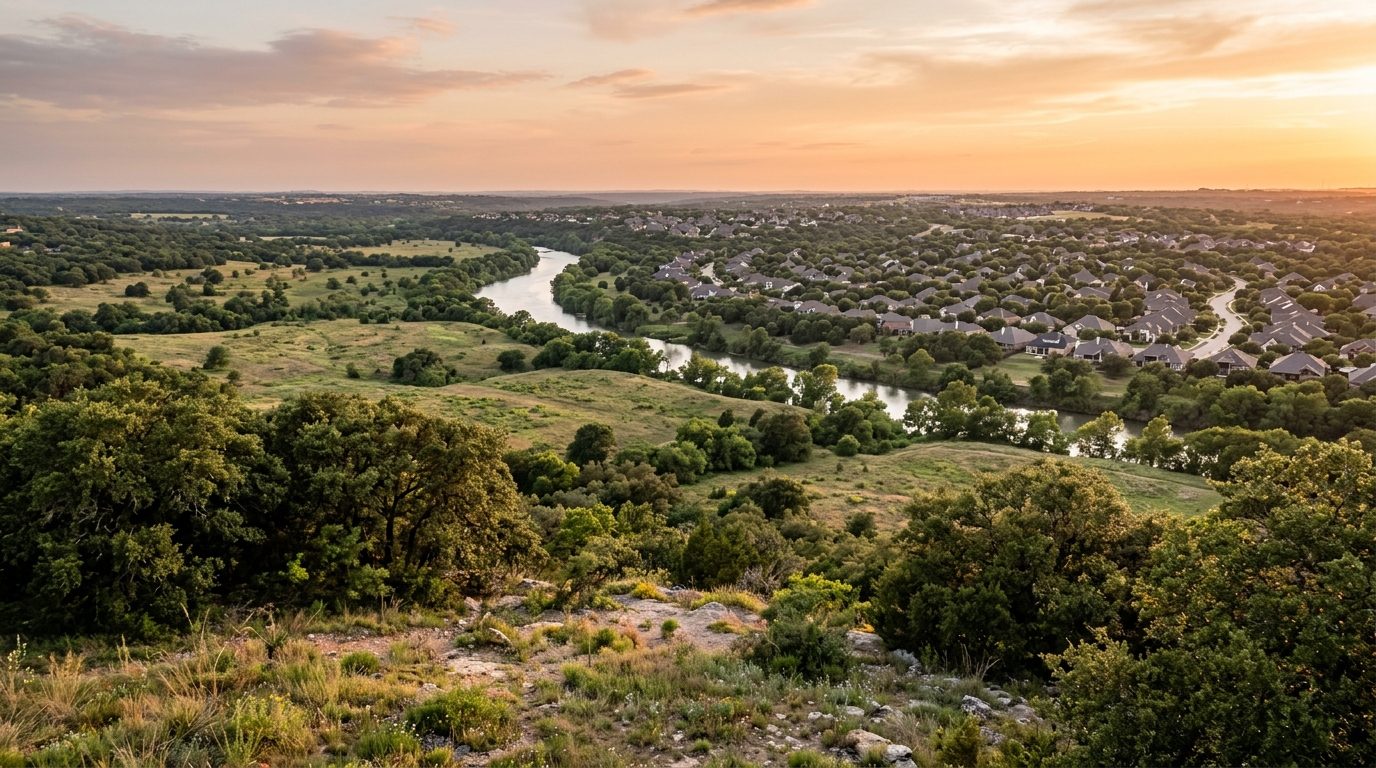 College Station, TX — Gently rolling Texas prairie and post oak woodland along the Brazos River at with a mix of tree-lined
