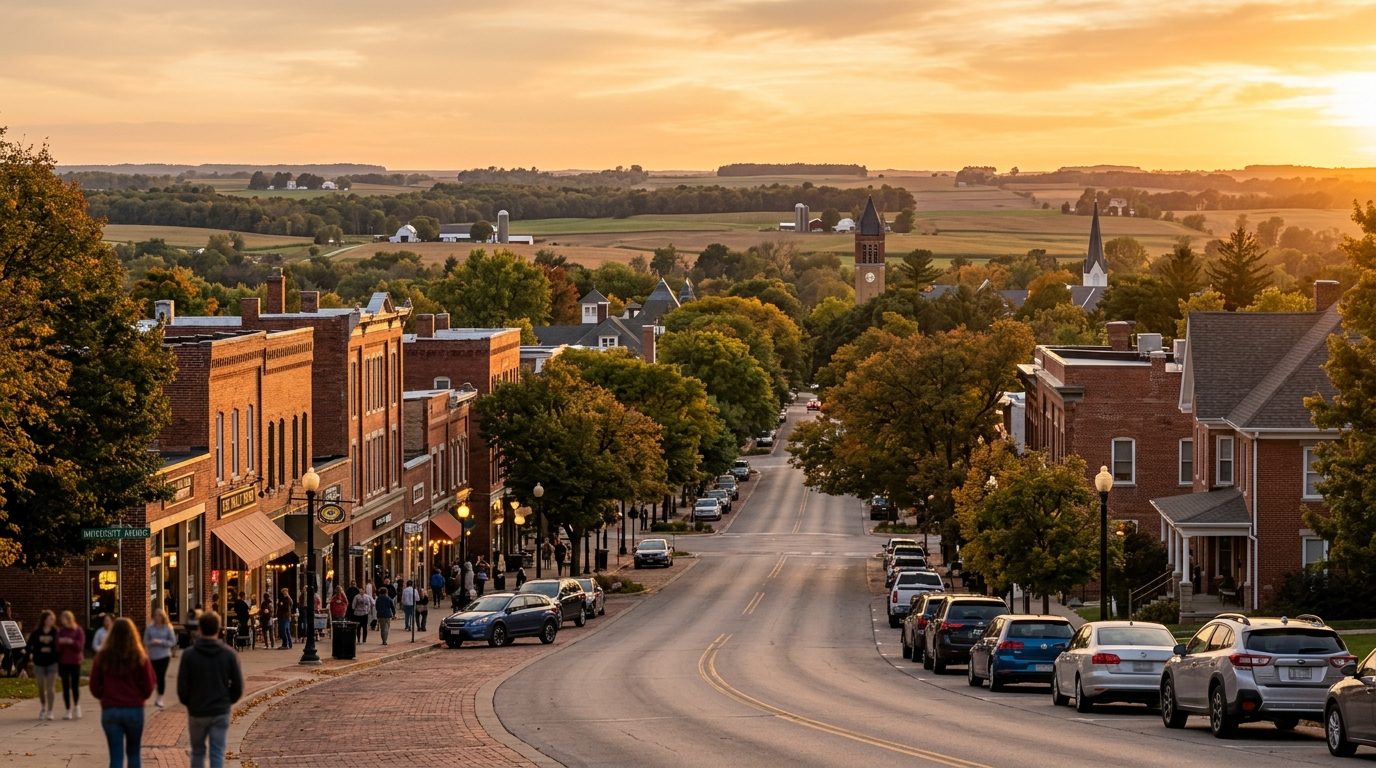 Columbia, MO — Midwestern college town at with a tree-lined historic street of brick buildings giving way to rolling
