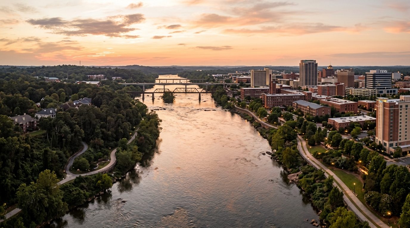 Columbus, GA — Chattahoochee River separating Columbus, Georgia and Phenix City, Alabama, with a riverside walking trail,