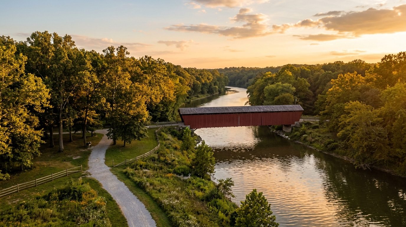 Columbus, IN — Riverfront park with a covered bridge and mature trees along the East Fork White River in southern Indiana at