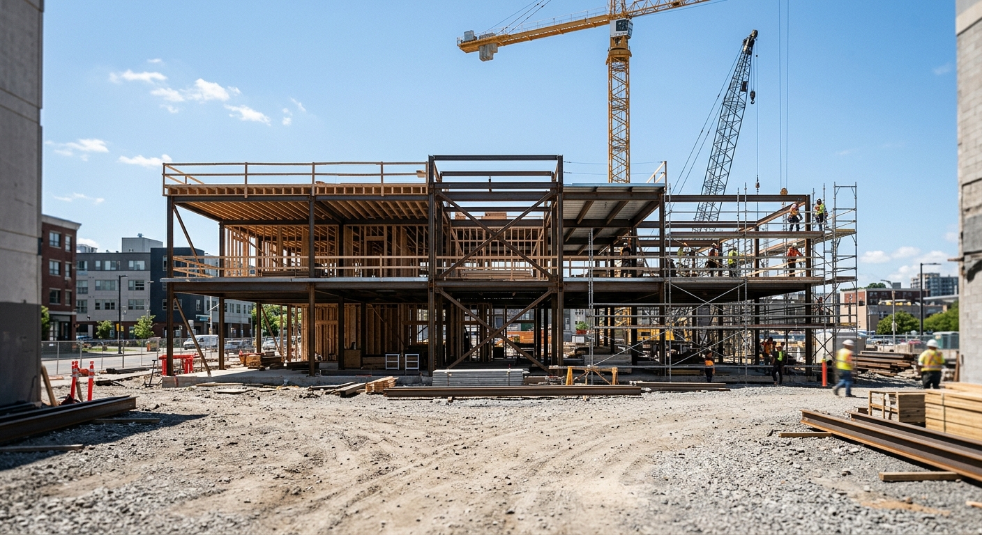 A partially framed commercial building under construction with scaffolding and a crane in the background on a clear day.