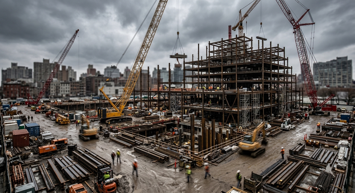 An active construction site with cranes and structural framing, representing national construction spending data.