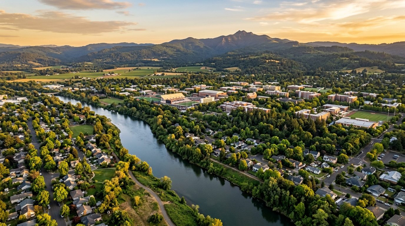Corvallis, OR — Corvallis, Oregon in the mid-Willamette Valley at showing the Willamette River winding past tree-lined