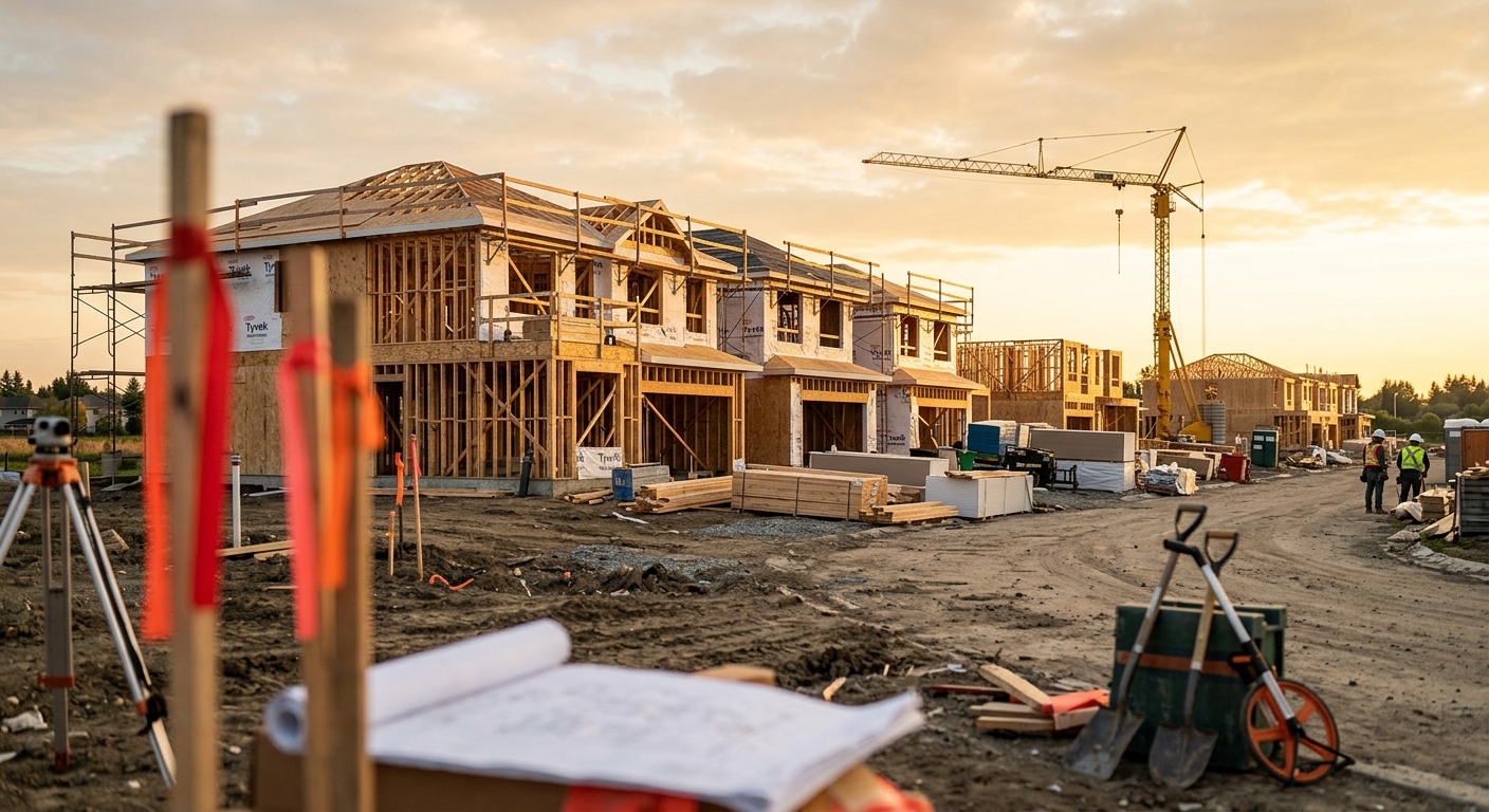 A new-home construction site with framed houses under development at golden hour.