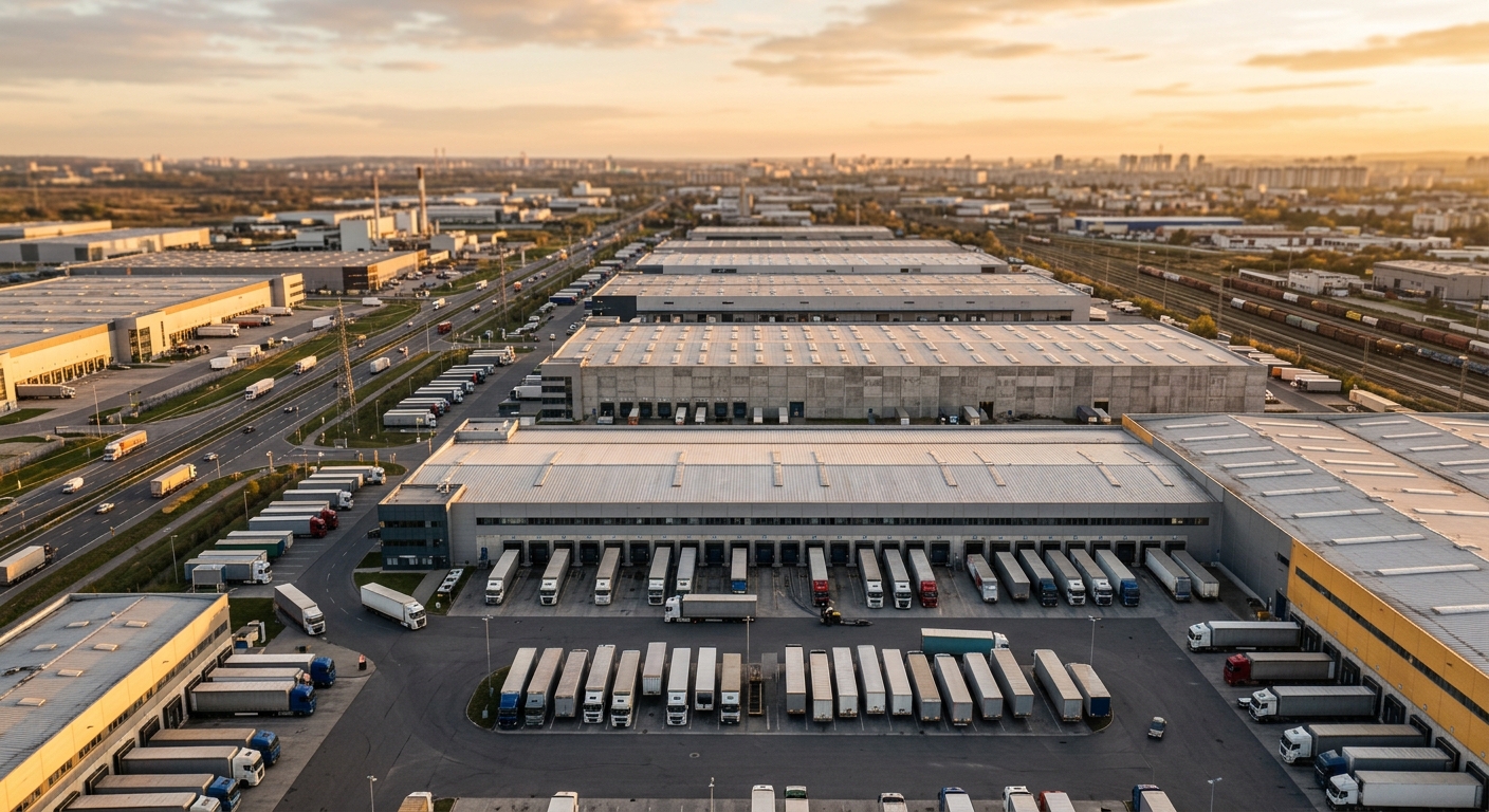 An aerial view of a modern industrial warehouse and distribution park with loading docks and trucks at golden hour.