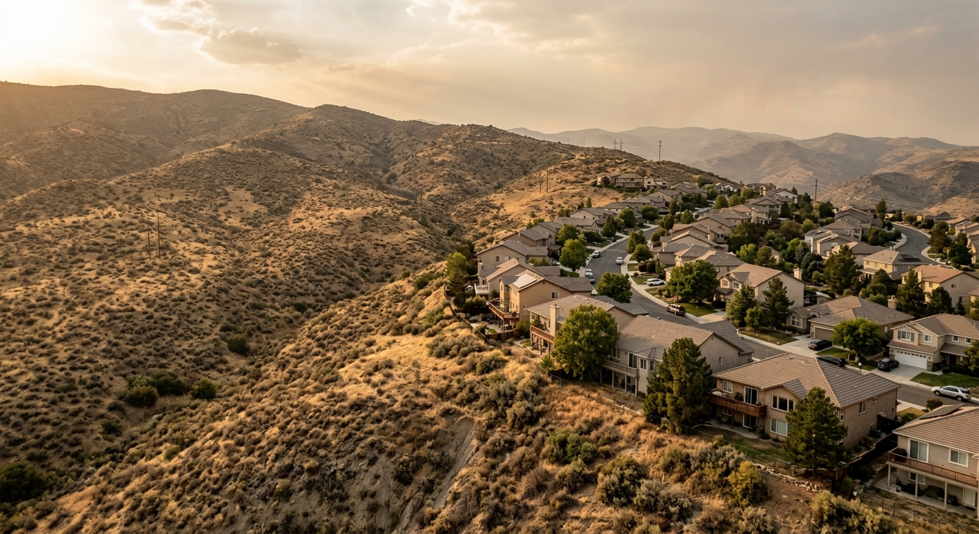 A hillside suburban neighborhood bordered by dry brush in the western United States, illustrating wildfire exposure at the wildland-urban interface.