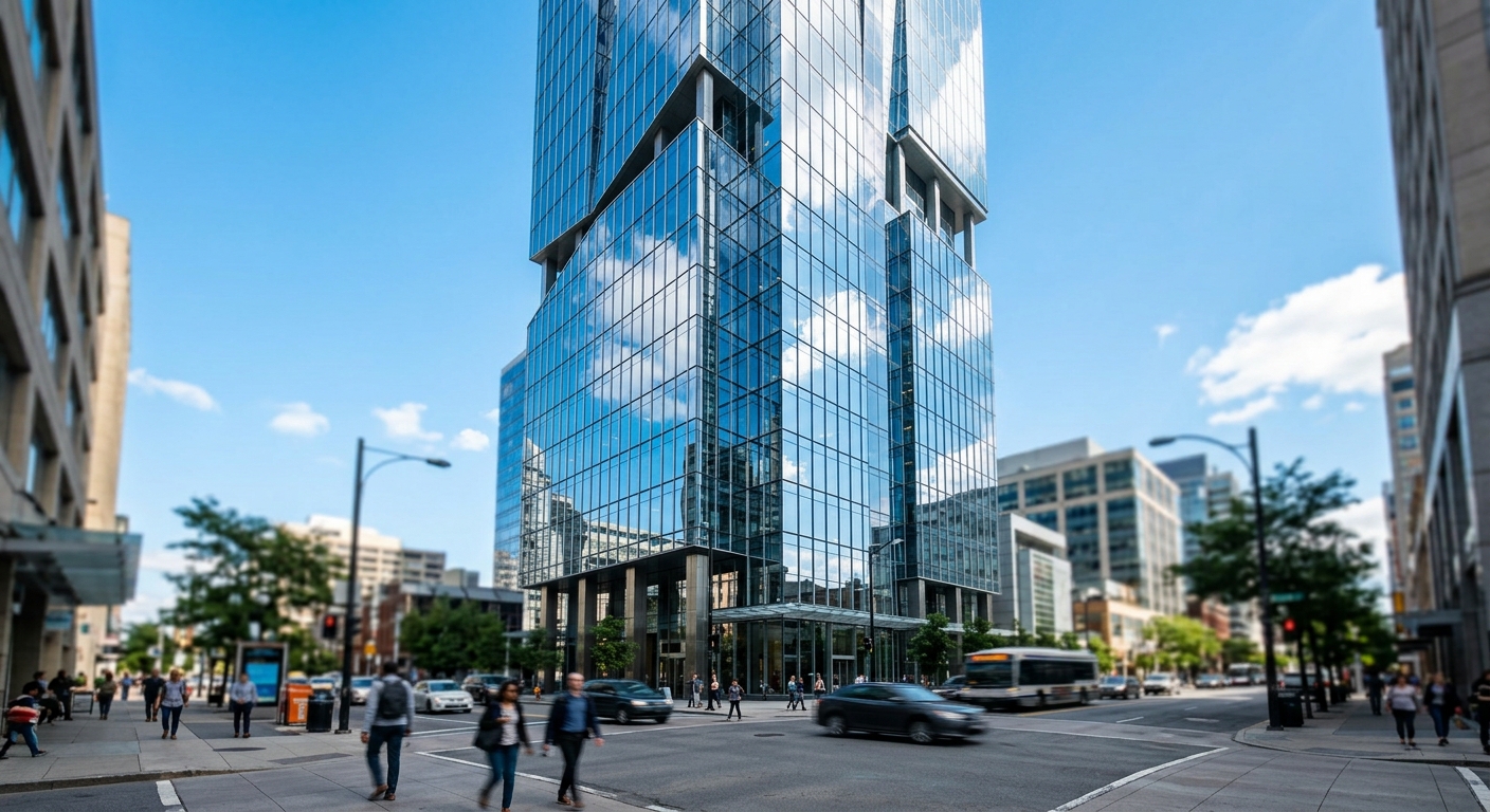 Modern glass office tower exterior against a blue sky, representing the commercial real estate sector