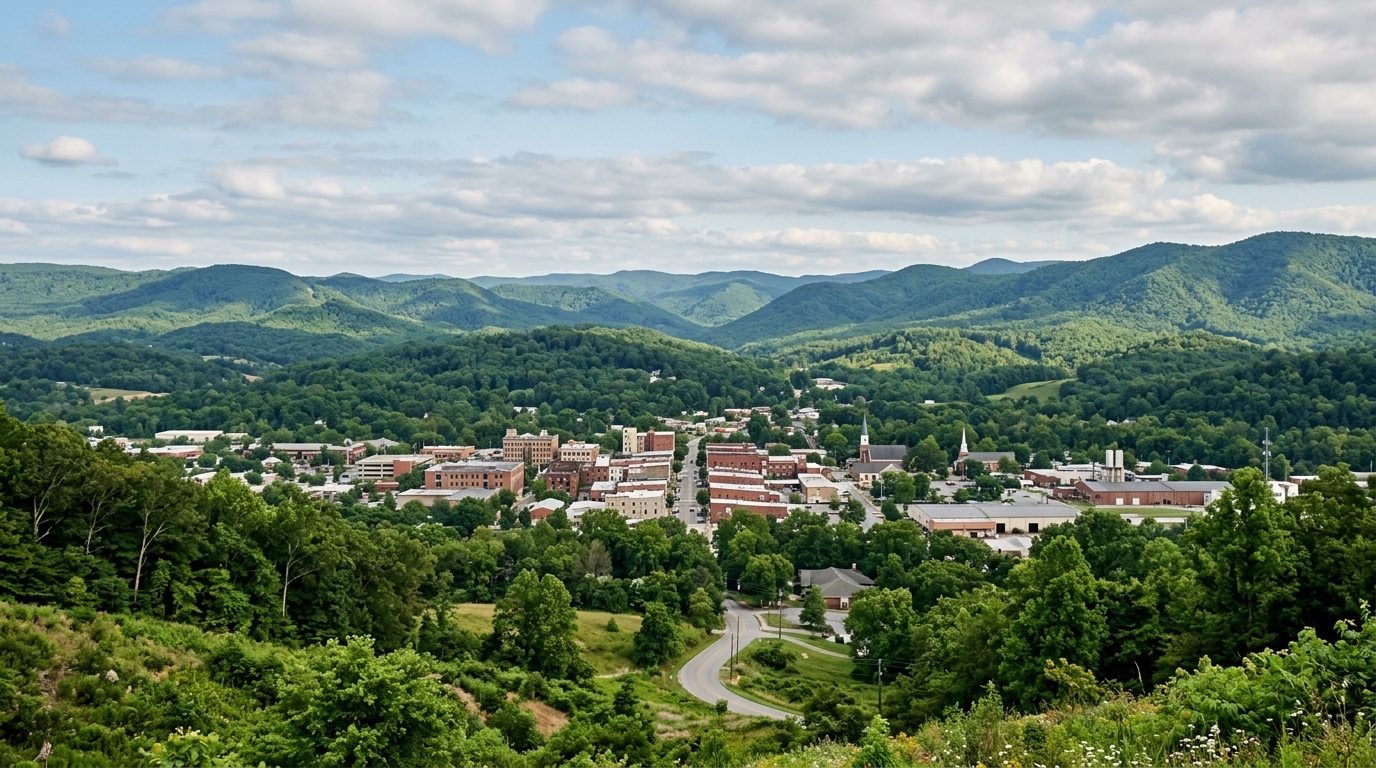 Dalton, GA — Landscape of Dalton, Georgia, showing rolling Appalachian foothills, wooded ridgelines, and a low-rise