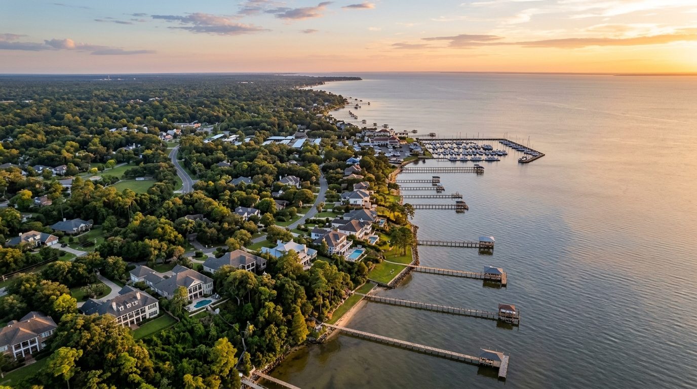 Daphne, AL — Alabama's Eastern Shore of Mobile Bay at showing wooded bluffs, waterfront homes with docks, a marina, and