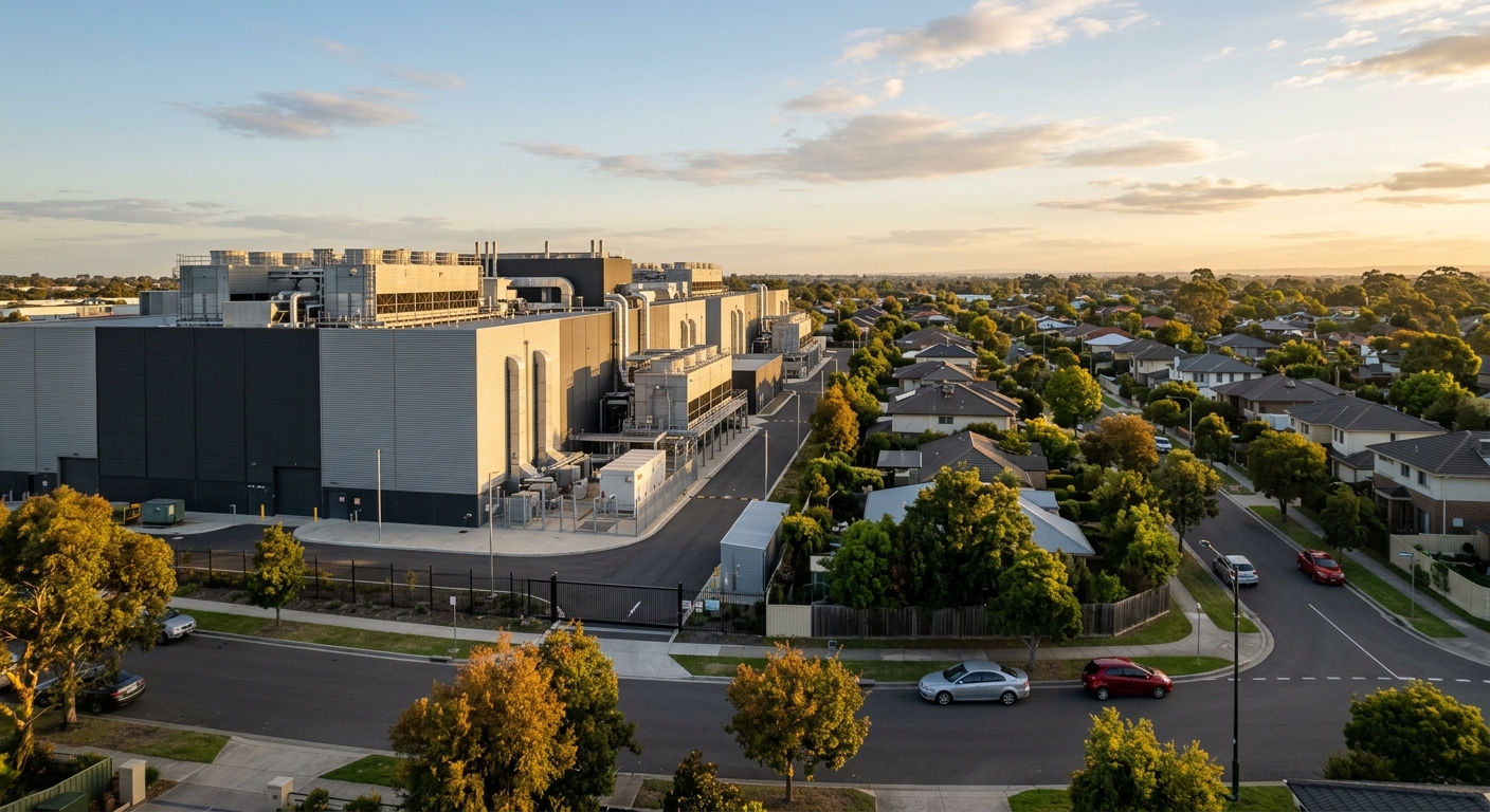 A large industrial data center building at the edge of a suburban neighborhood at sunset.