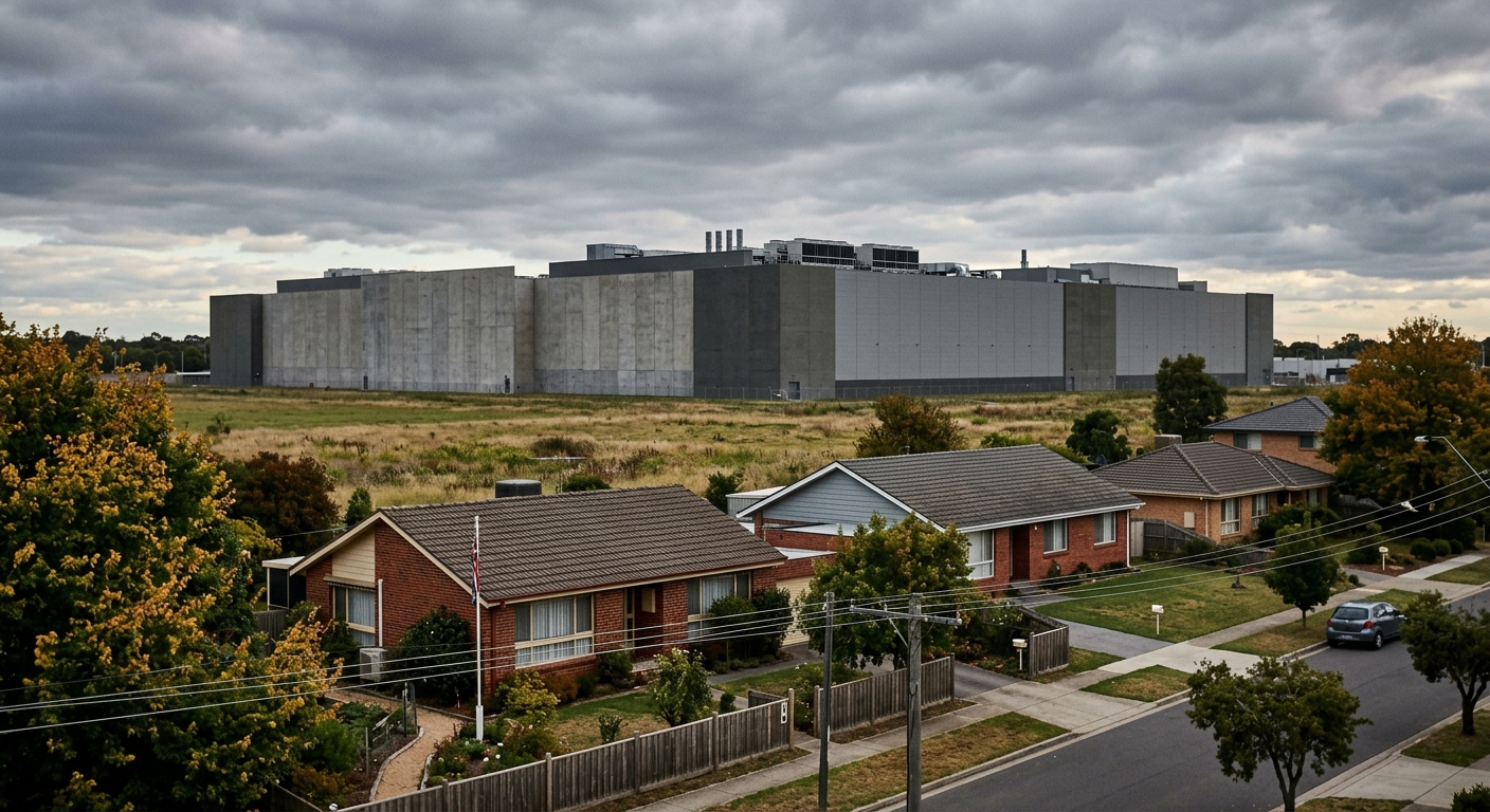 A large data center facility stands adjacent to a suburban residential neighborhood under open sky.