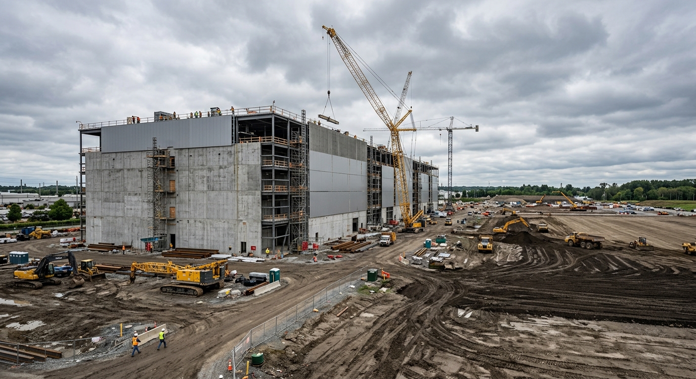 A large data center building under construction next to open graded land.