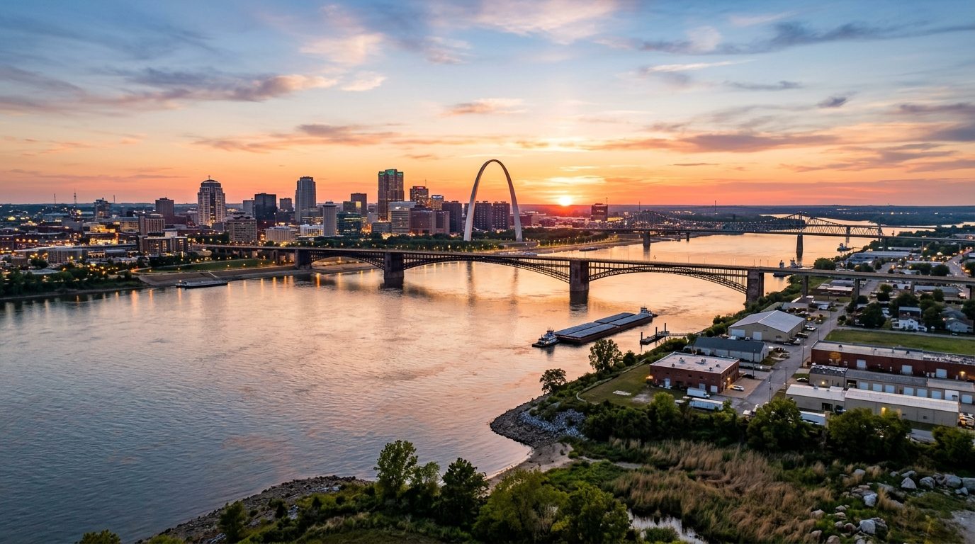 Davenport, IA — Mississippi River at sunset with bridges connecting a riverfront city skyline on one bank to lower-rise