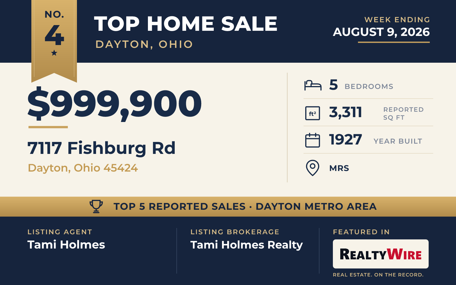 Top home sale No. 4 in the Dayton, Ohio metro area — 7117 Fishburg Rd, Dayton, Ohio, week ending August 9, 2026