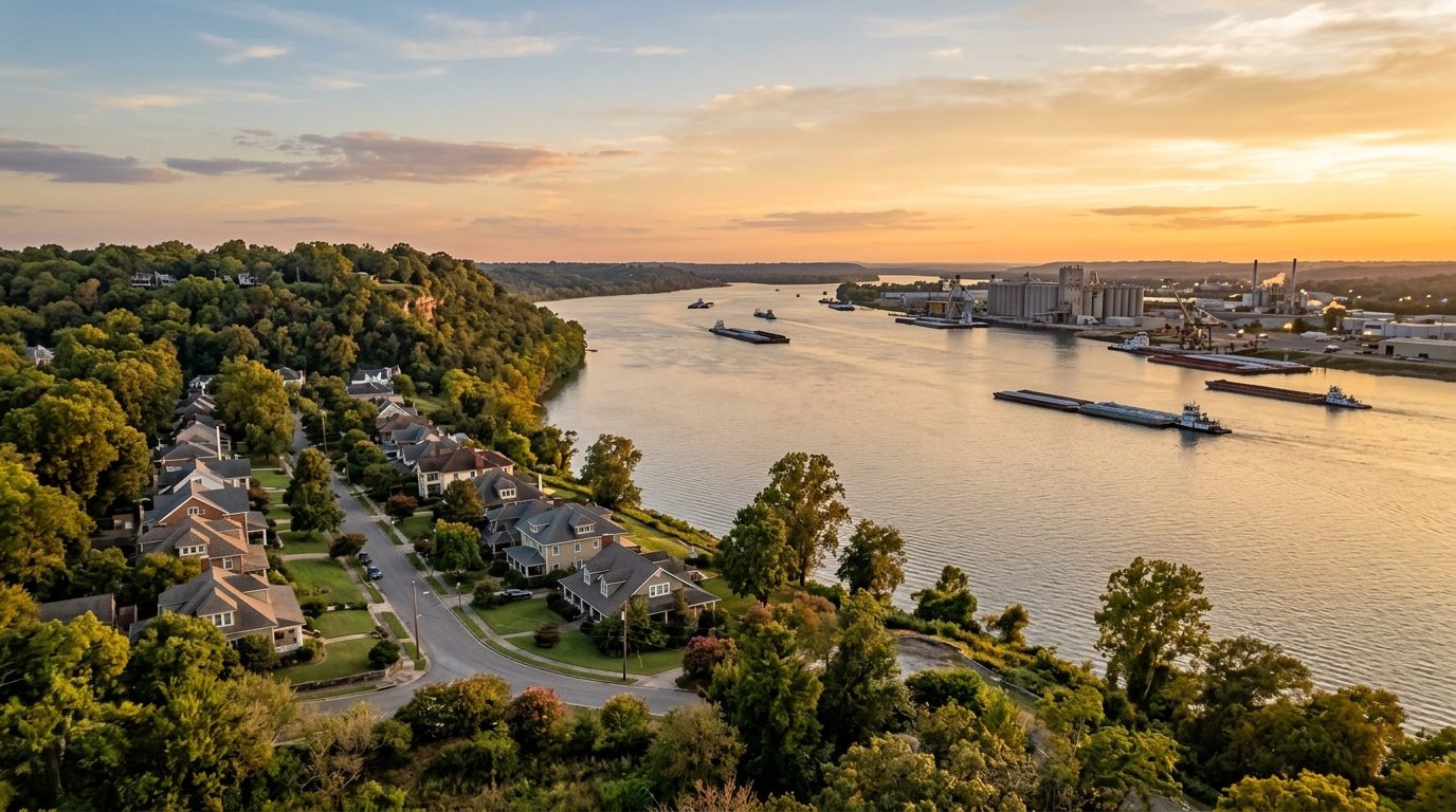 Decatur, AL — Tennessee River at in Decatur, Alabama, showing a historic riverside bluff, tree-lined bungalow-style