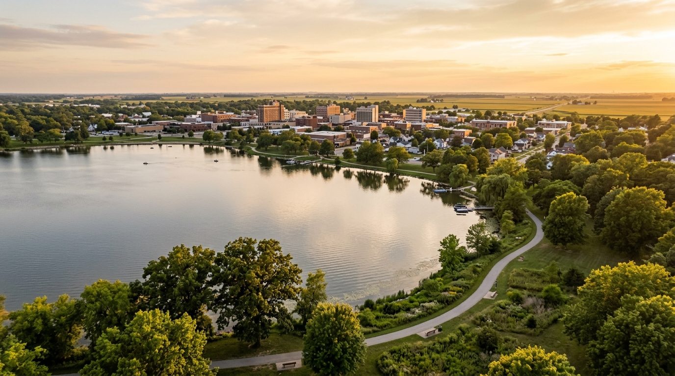 Decatur, IL — Decatur, Illinois at showing Lake Decatur's shoreline framed by parkland and mature trees with the city's