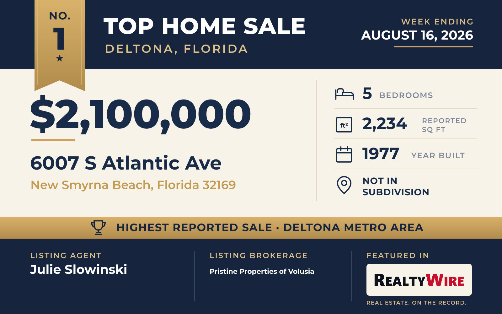 Top home sale No. 1 in the Deltona, Florida metro area β 6007 S Atlantic Ave, New Smyrna Beach, Florida, week ending August 16, 2026