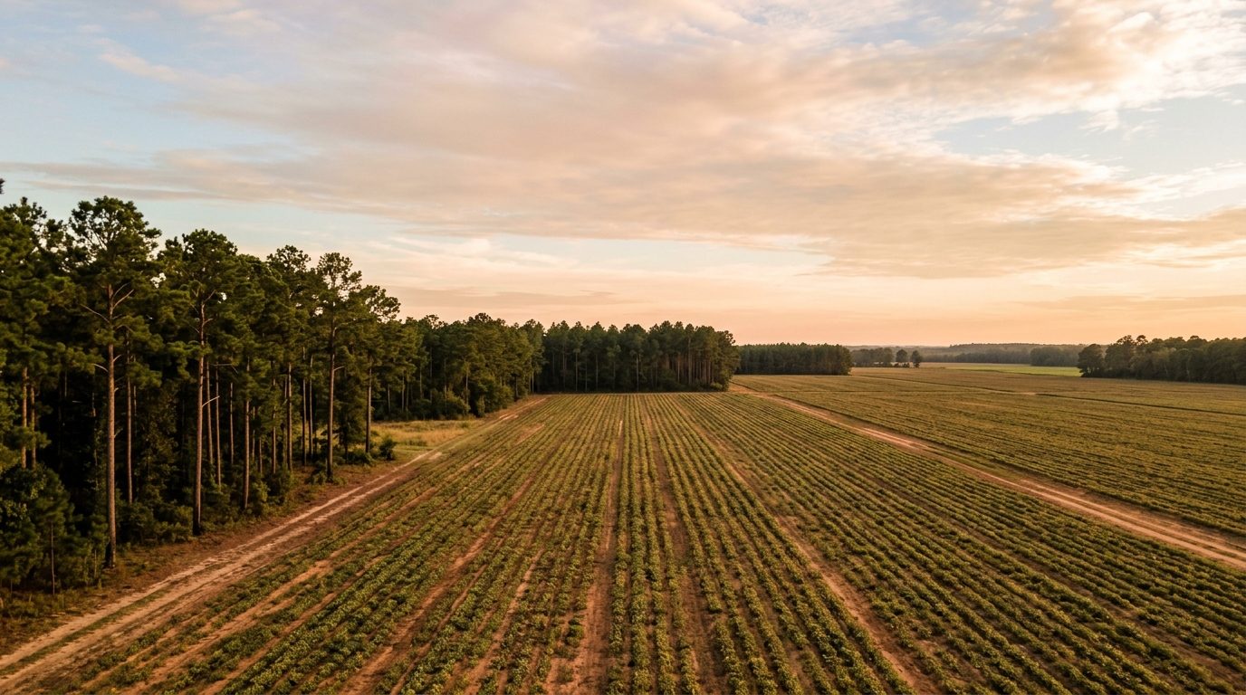 Dothan, AL — Landscape of the flat Wiregrass coastal plain outside Dothan, Alabama, showing longleaf pine woods bordering