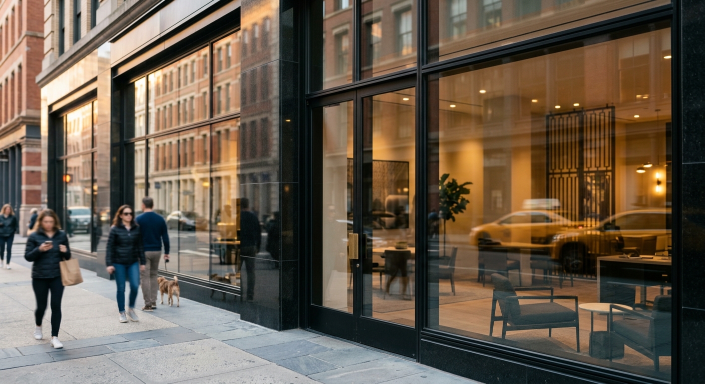 Exterior of an upscale real estate brokerage office storefront in a city luxury district at late afternoon.