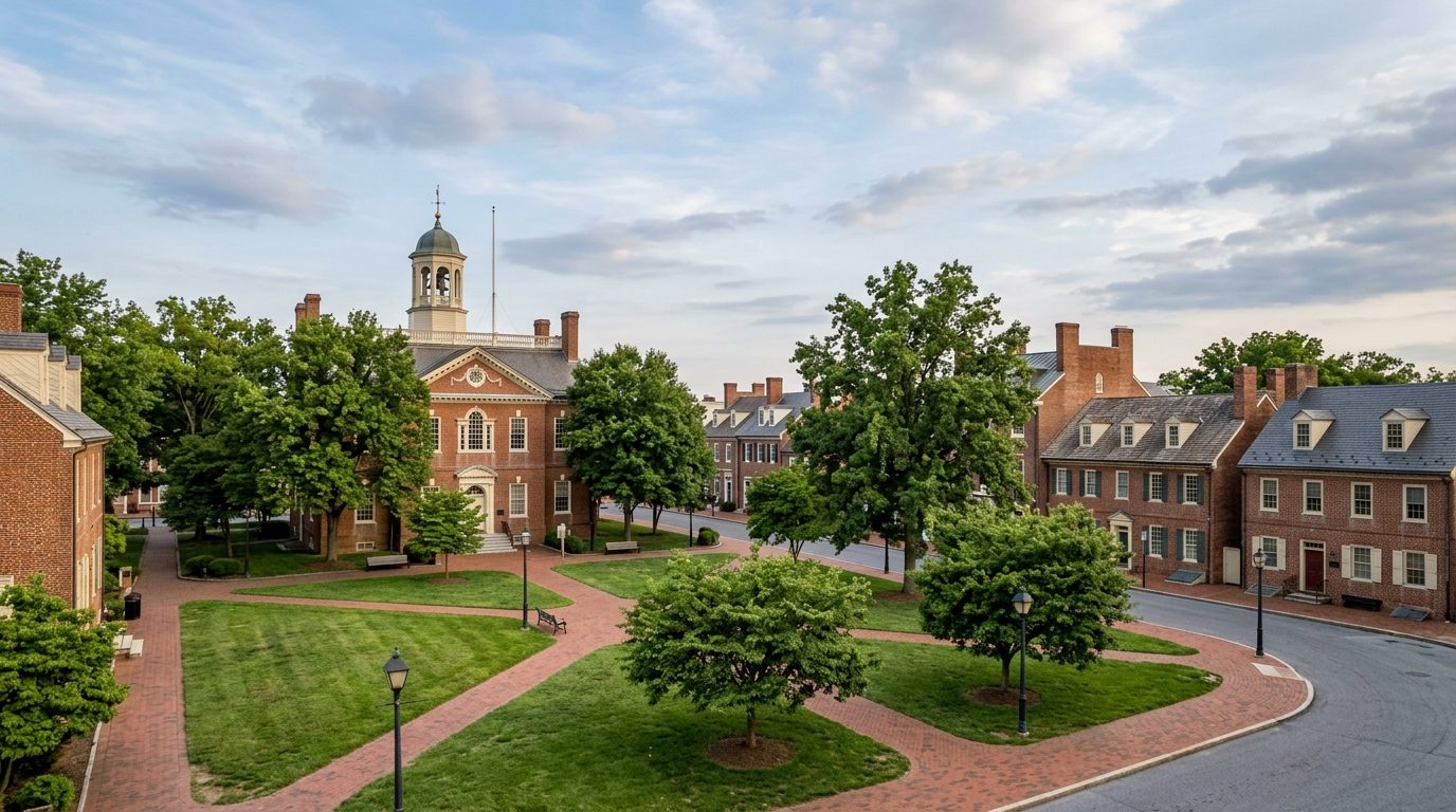 Dover, DE — Dover, Delaware's historic Green with colonial-era brick buildings under a soft afternoon sky, with no text