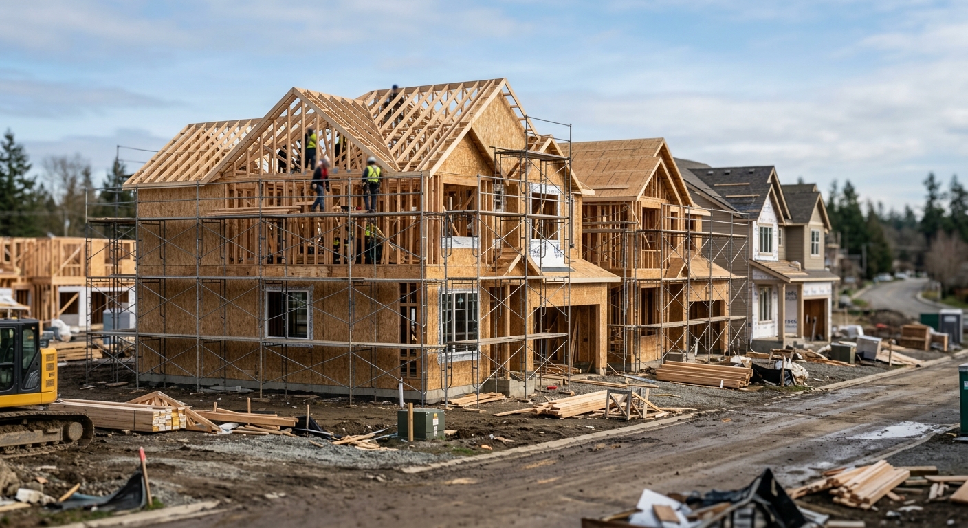 Newly built suburban single-family homes under construction.