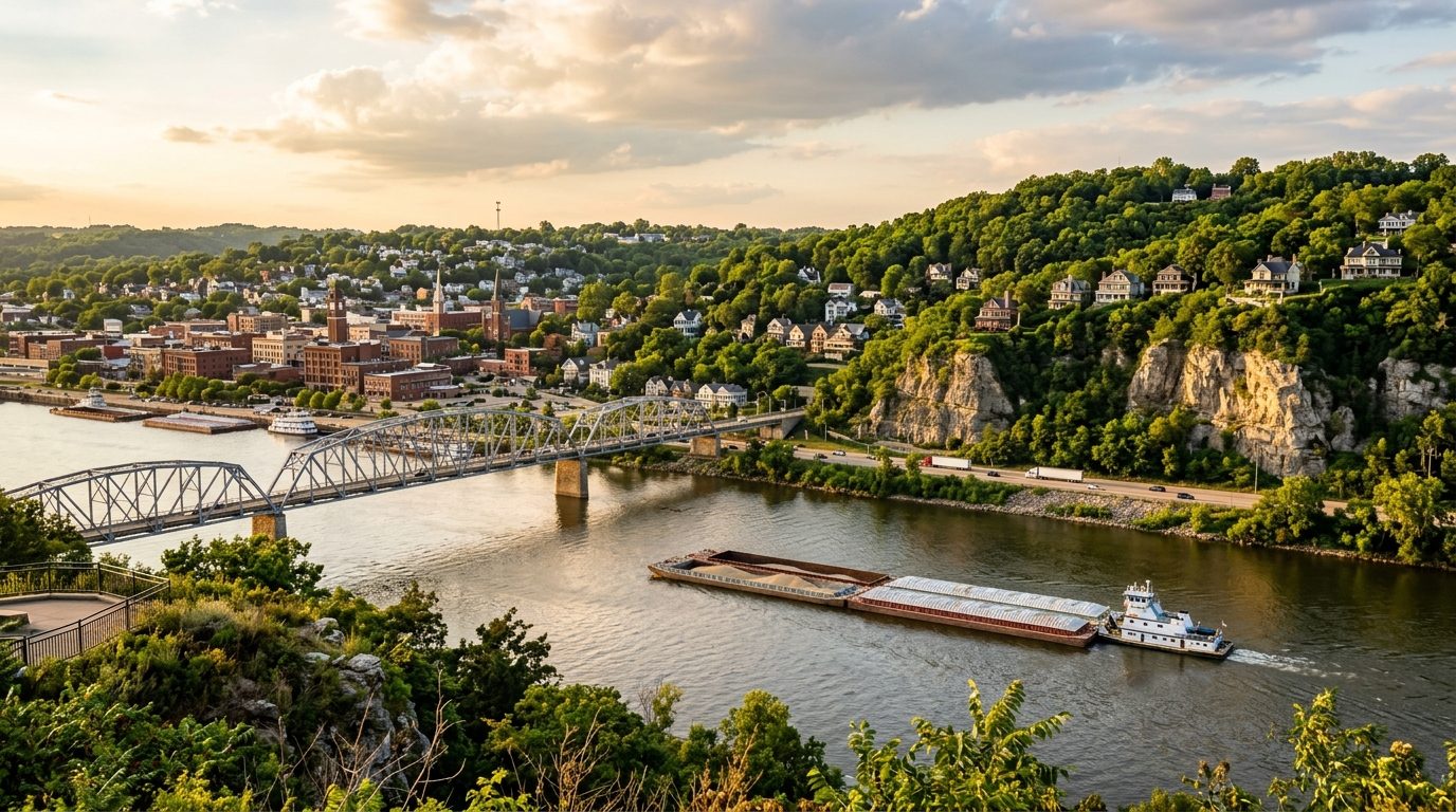 Dubuque, IA — Landscape of Dubuque, Iowa at showing limestone bluffs rising above the Mississippi River with historic