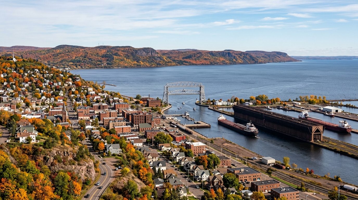 Duluth, MN — Hillside port city descending toward a great blue-gray lake, with an aerial lift bridge, ore docks, and