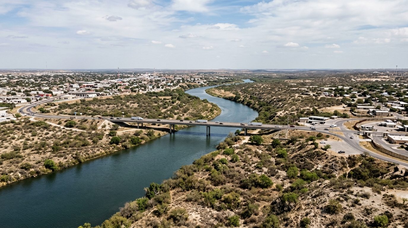 Eagle Pass, TX — Rio Grande winding through arid South Texas brush country at Eagle Pass, with an international bridge