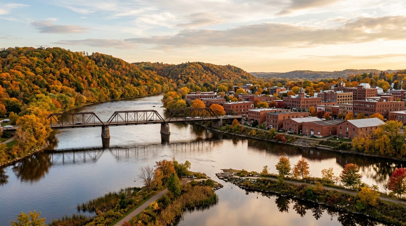 Eau Claire, WI — Landscape of the Chippewa and Eau Claire rivers meeting near downtown, with a historic bridge crossing the