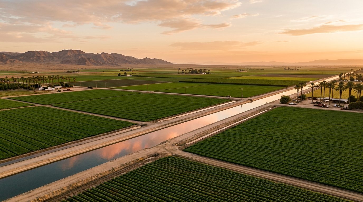 El Centro, CA — View of the Imperial Valley: flat green irrigated farmland in geometric rows stretching toward a hazy desert
