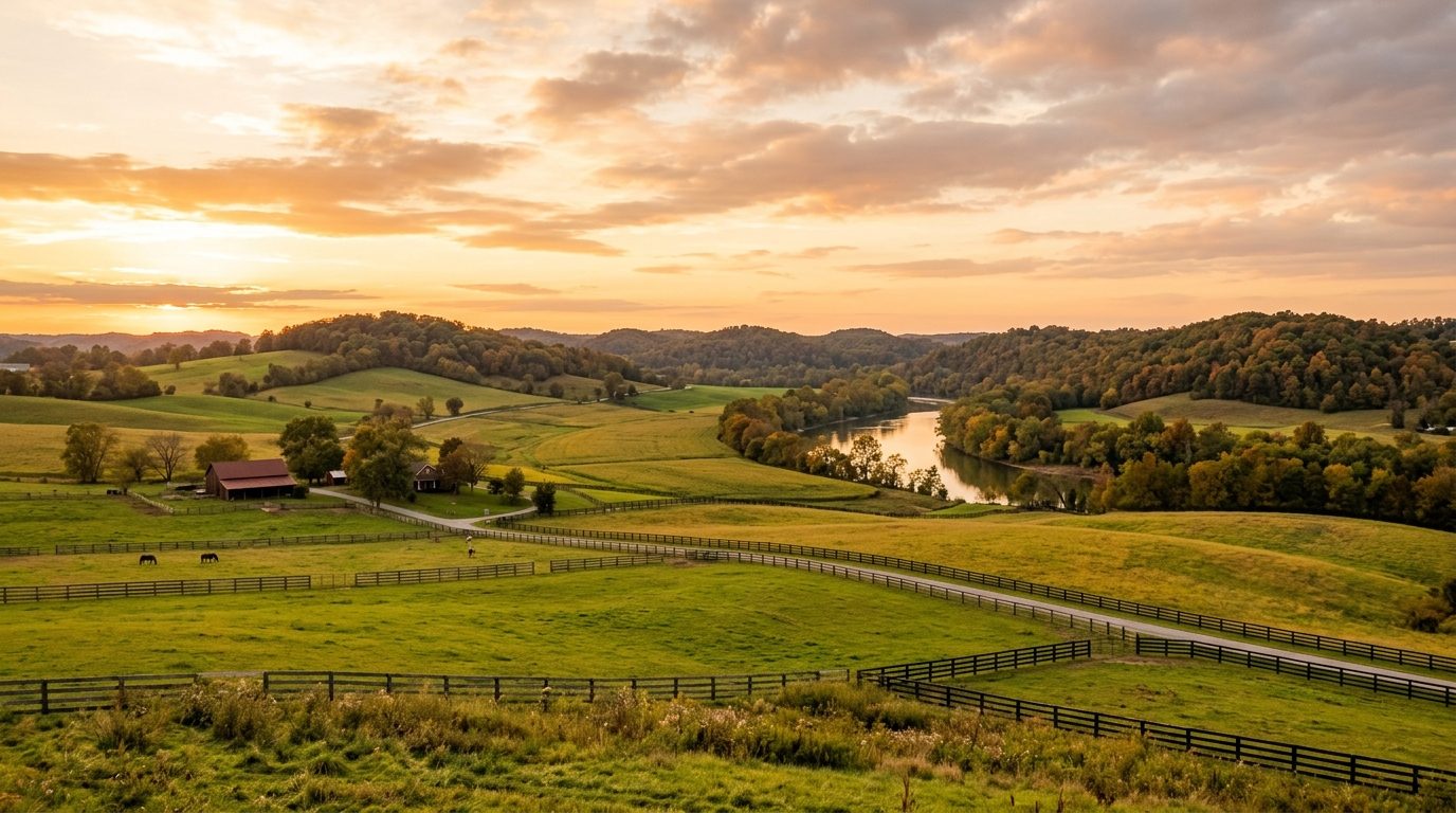 Elizabethtown, KY — Rolling Kentucky farmland and low knob-shaped hills at with a river bend visible in the distance and no text