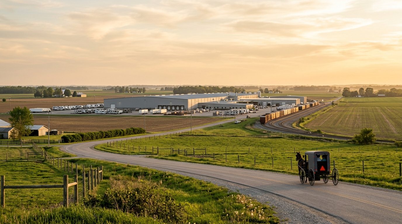 Elkhart, IN — Flat northern Indiana farmland at with a large RV manufacturing plant and rail spur in the middle distance