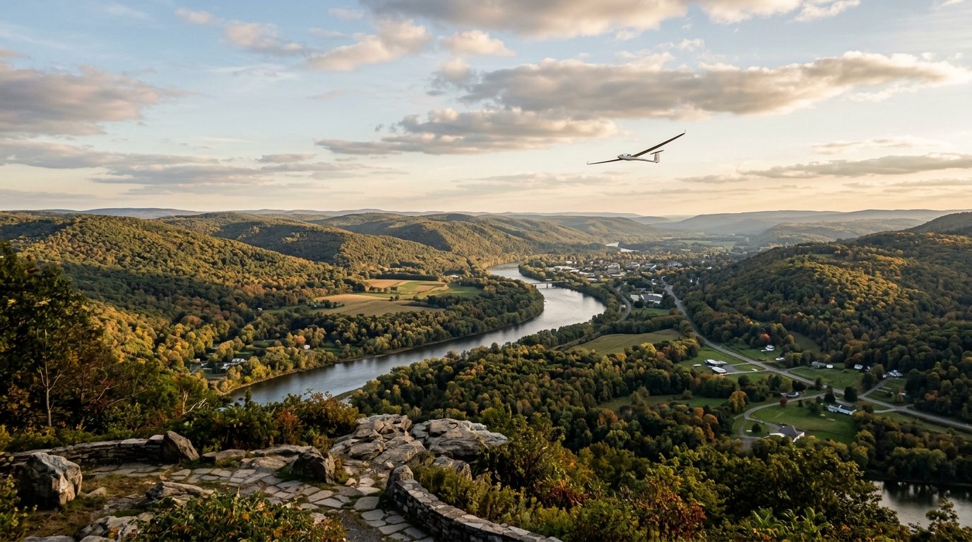Elmira, NY — River valley with wooded hillsides and a small glider aircraft soaring above, soft afternoon light over New