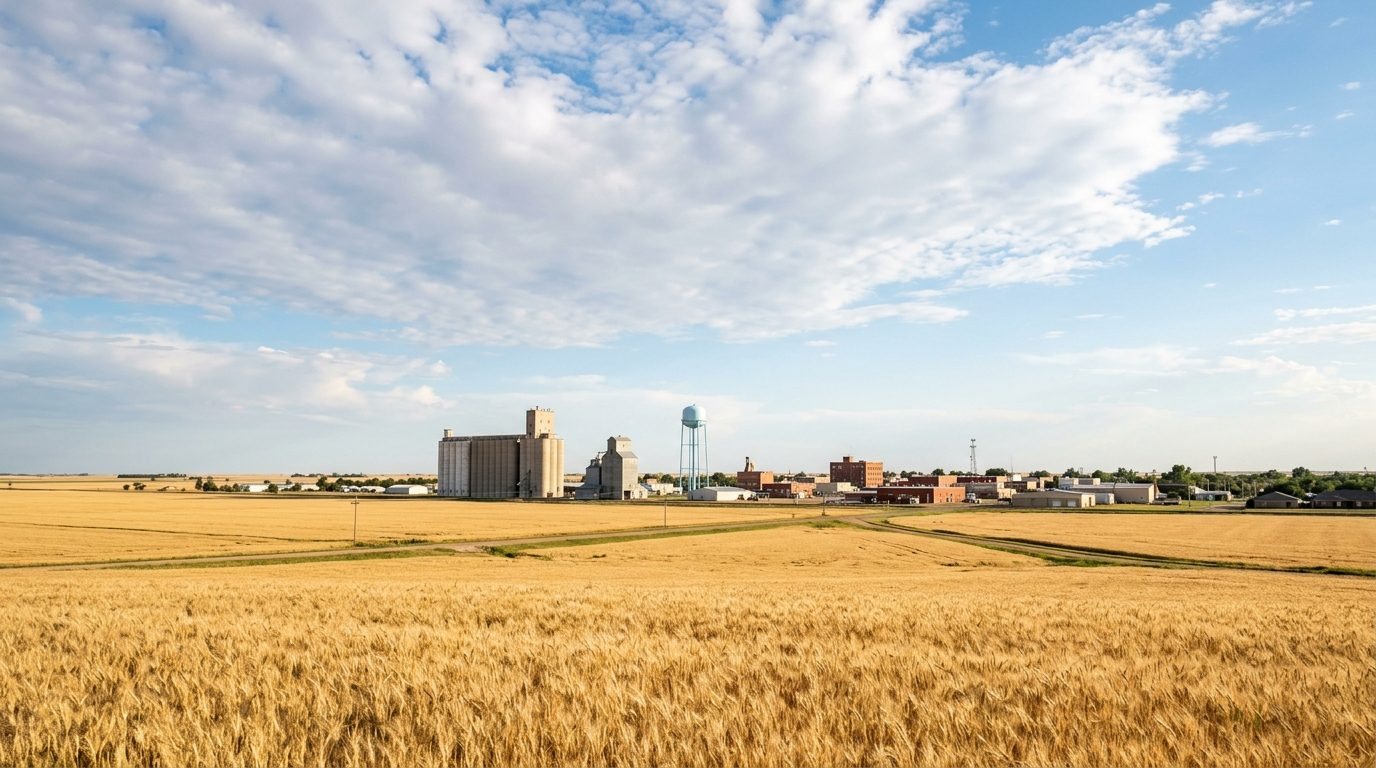 Enid, OK — Flat Oklahoma wheat country meeting a small prairie city skyline with grain elevators and a water tower under