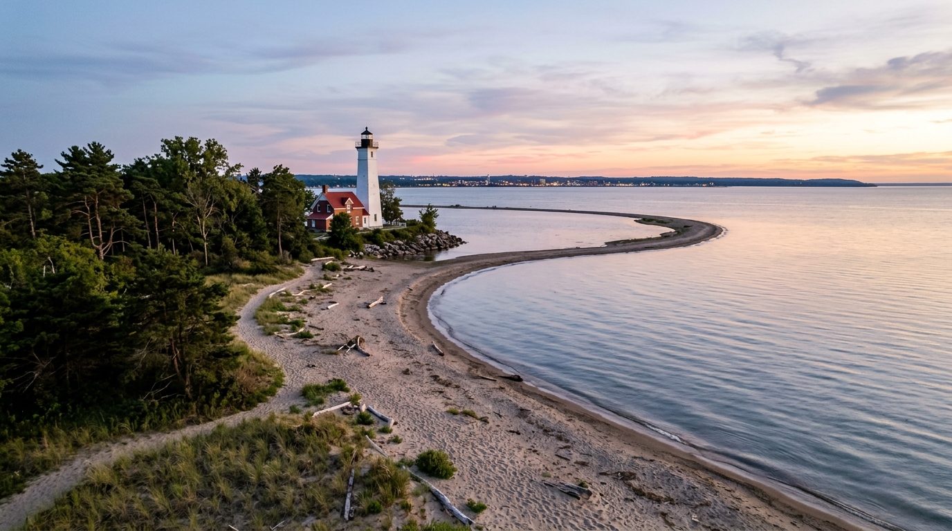 Erie, PA — Presque Isle lighthouse and sandy peninsula curving into Lake Erie beneath a soft dusk sky, with no text or